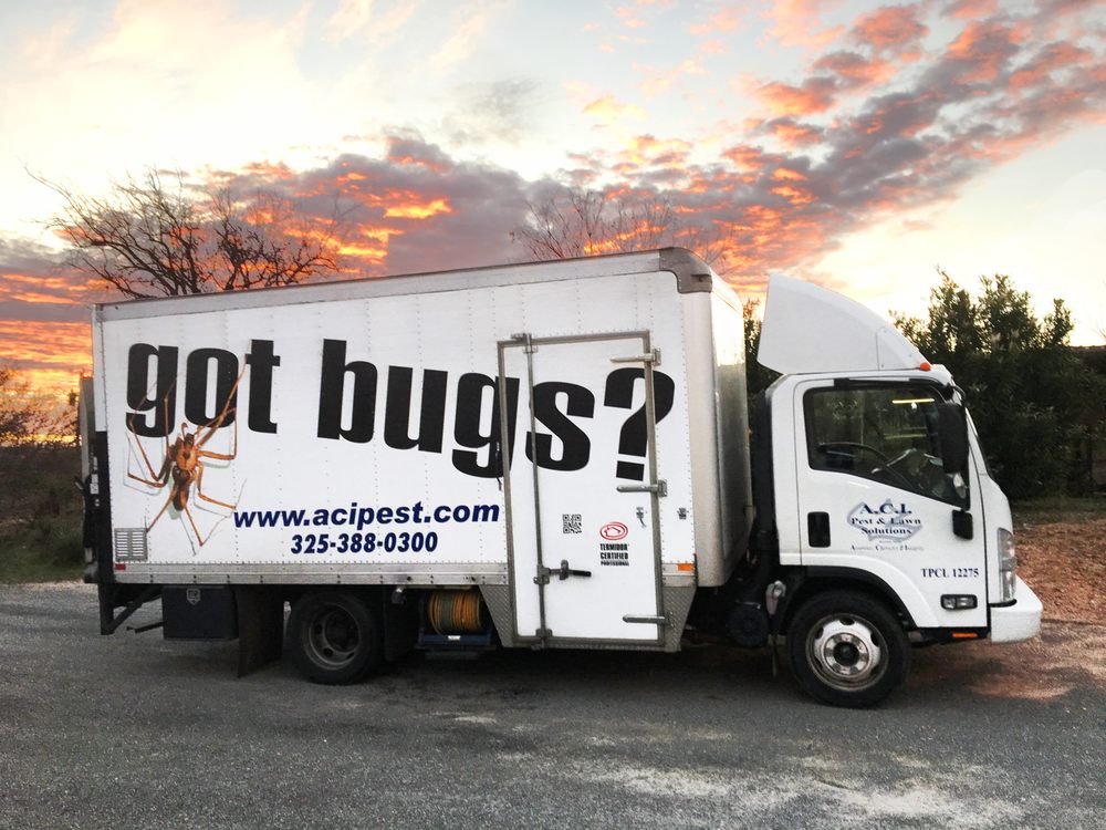 White ACI box truck with a spider graphic parked at sunset