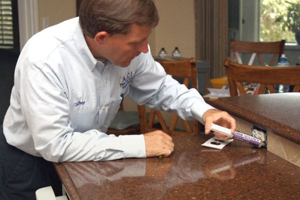Technician applying gel bait at a kitchen outlet
