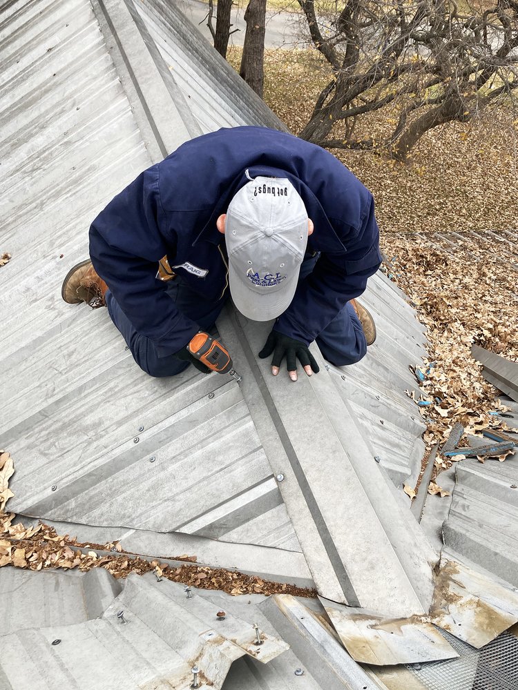 Technician fastening exclusion mesh on a metal roof